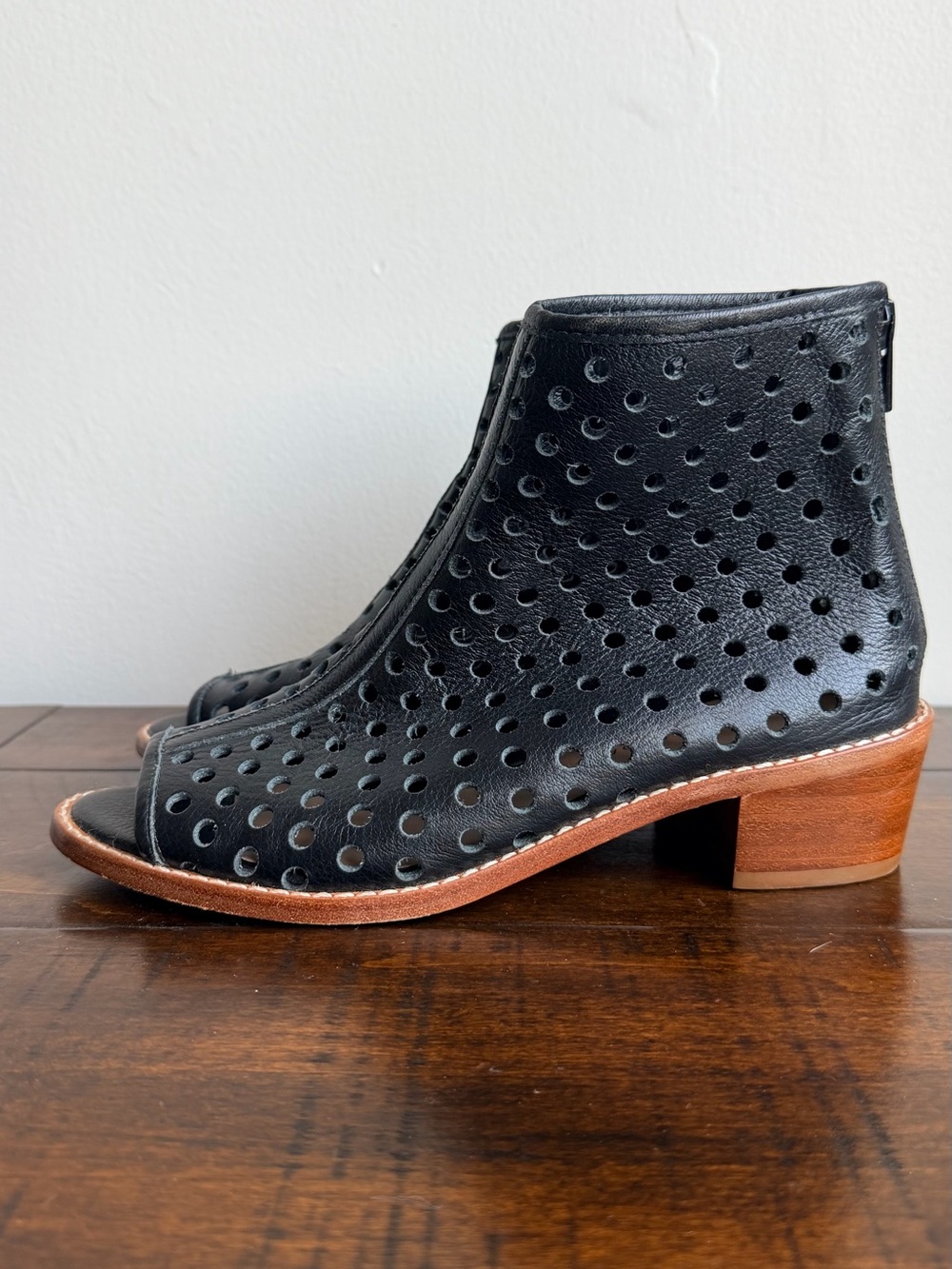 Loeffler Randall Black Leather Perforated Peep Toe Booties Size 7 Low Heel